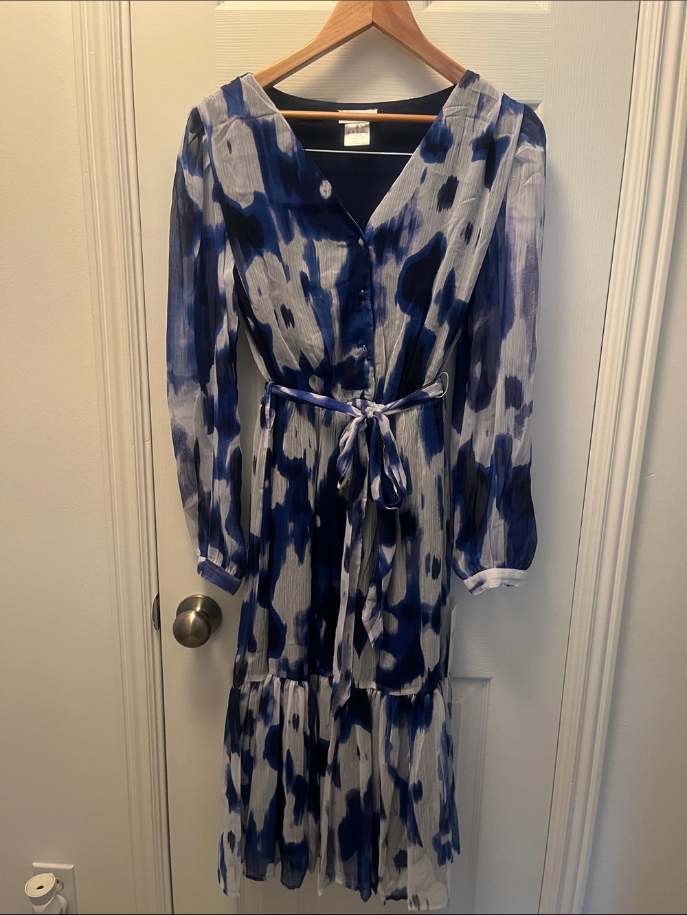 DKNY Blue and White Printed Long Sleeve Midi Dress